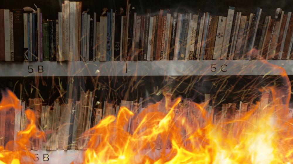 Una hilera de libros incendiándose. Literatura misionera: La crisis de los libros en Misiones y el país.