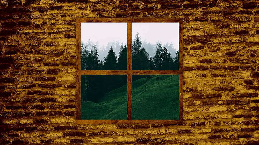 Ilustración de una ventana en una pared de ladrillos mirando a un bosque. 