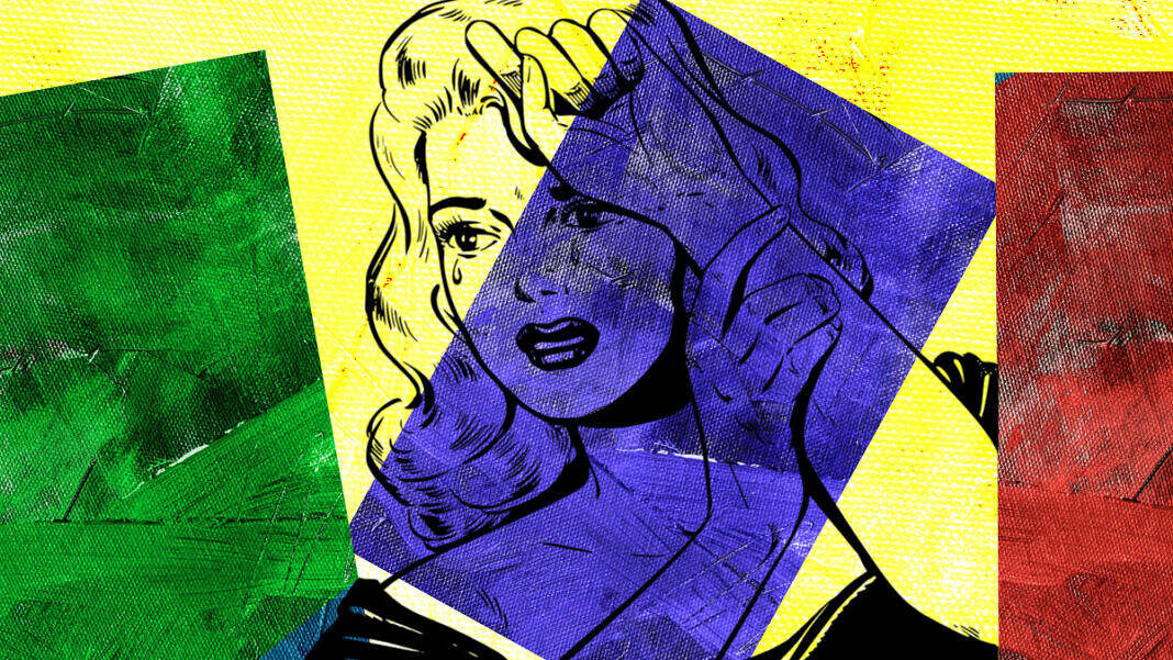 El dibujo de una mujer llorando frente a unos rectángulos de colores.